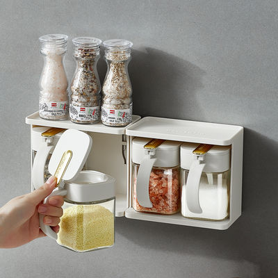 2 Grids Seasoning Box Spice Box with Handle Containers with Spoon Functional Condiment Jar Storage Rack for Salt Sugar Cruet